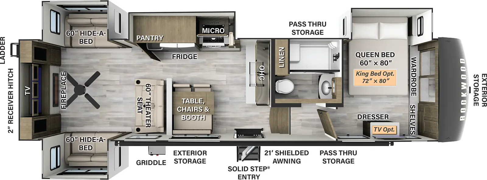 The 375RL has four slides and one entry door. Exterior features a 21 foot shielded awning, solid step entry, pass through storage, exterior storage, griddle, rear ladder, and 2 inch receiver hitch. Interior layout front to back: Queen bed off door side slideout, front wardrobe and shelves, and dresser (optional TV and king bed); side aisle full bathroom with linen closet; steps down to main living area; kitchen counter with sink and overhead cabinet along inner wall; off door side slideout with microwave, cooktop, refrigerator and pantry; door side table, chairs & booth; rear living room with paddle fan, theater seating, opposing hide a bed sofa slideouts, and rear entertainment center with TV and fireplace. 